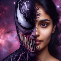 half of nice women face and half of brutal mans face and they intertwined like a venom in space on purple background 