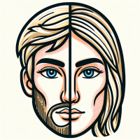 in cartoon style half of mans blonde face and half of womans face connected in one face